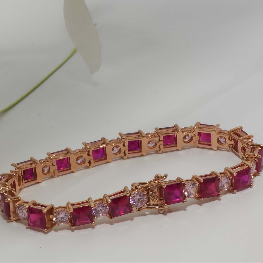 Rose Goldtone Thick Square cut and Round CZ Tennis Bracelet